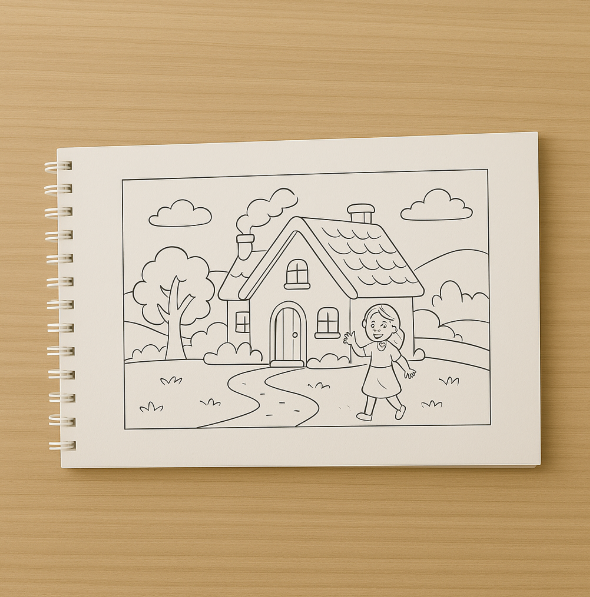 Livro de colorir com desenho de casa e menina