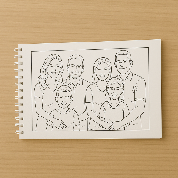 Livro de colorir com desenho de família grande