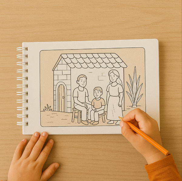 Livro de colorir com desenho de família em frente a uma casa