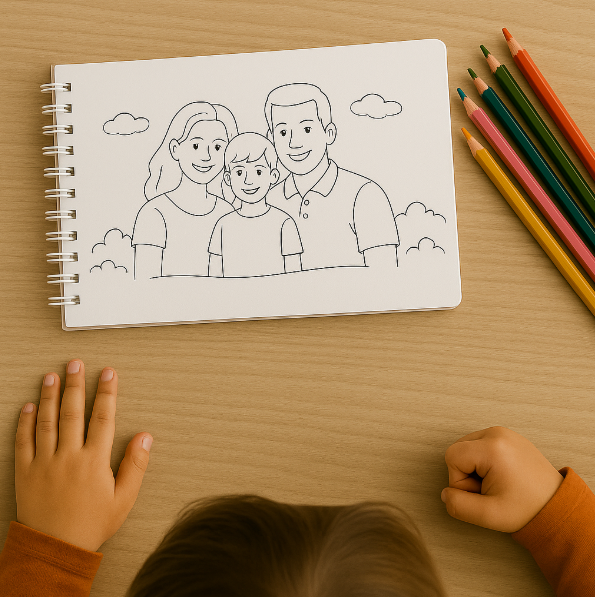 Livro de colorir com desenho de família e lápis de cor